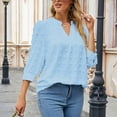 thumbnail image 5 of WREESH Womens Pompom Shirt 3/4 Sleeve V-Neck Chiffon Blouse Dot T-Shirts Casual Work Blouse Tops Light Blue, 5 of 8