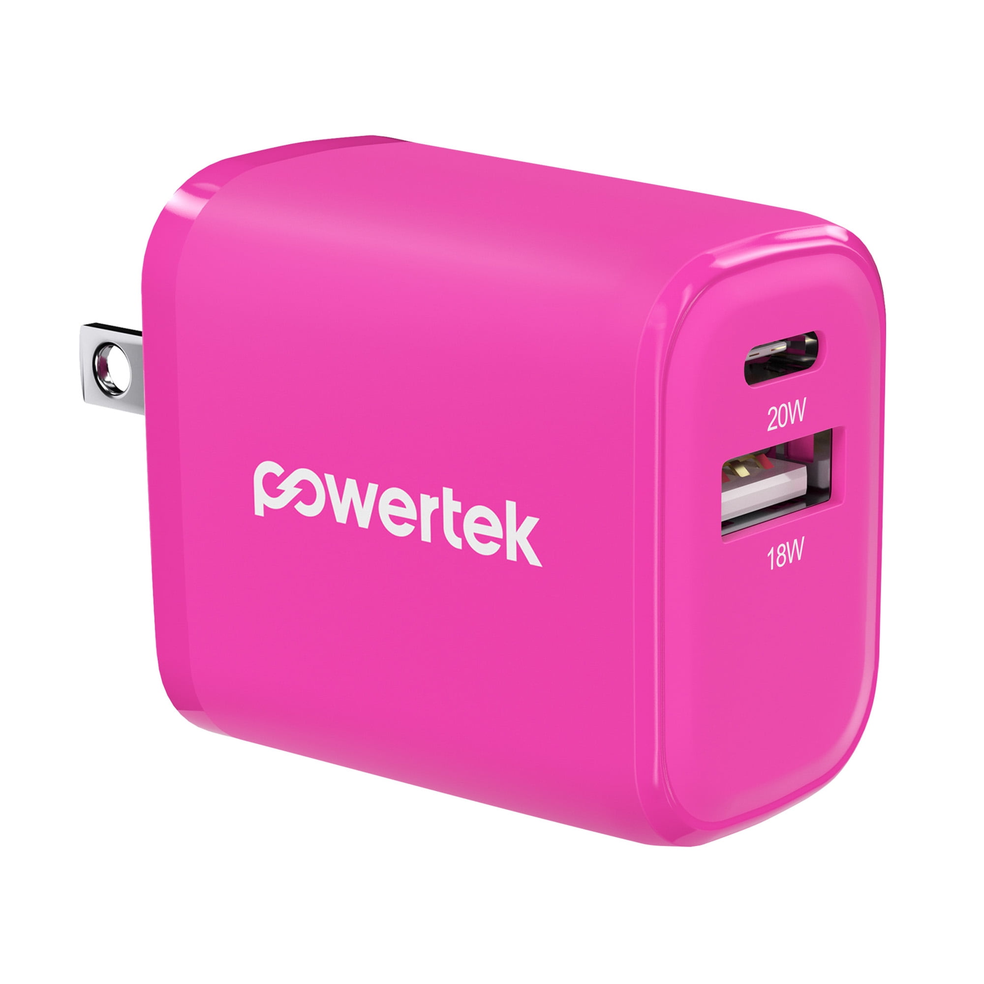 Powertek Neon Pink Dual Port Wall Charger 20W USB-C PD + 18W USB-A Fast Charging Block for compatbile iPhone, Android, Tablets & USB Devices, Compact Travel Adapter