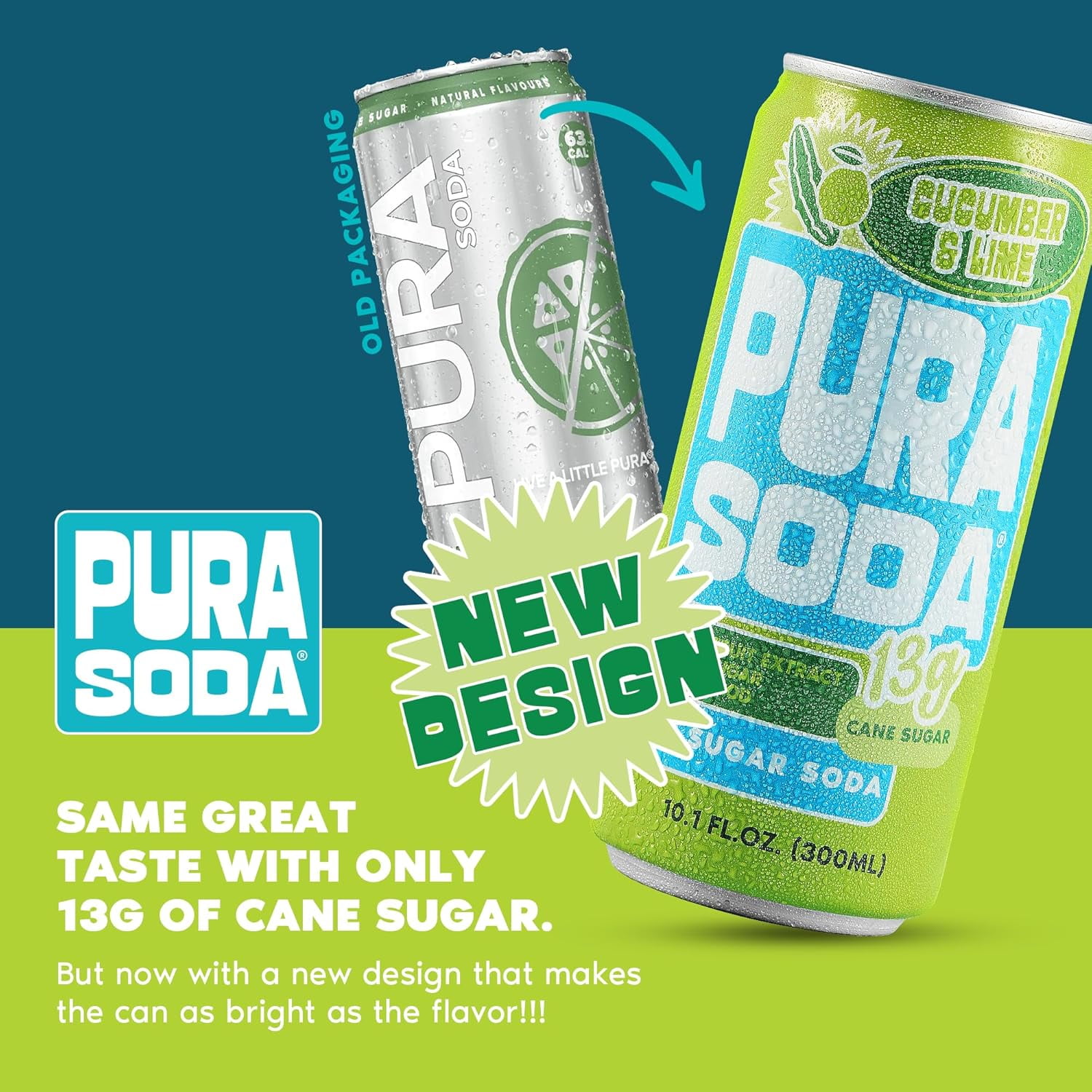 PuraSoda® Cucumber & Lime | Low-Calorie, Cane Sugar Soda Beverage | Non-GMO, Vegan | Made with Pure Cane Sugar, No Preservatives | 10.1 fl oz (300ml) Cans, 24-Pack