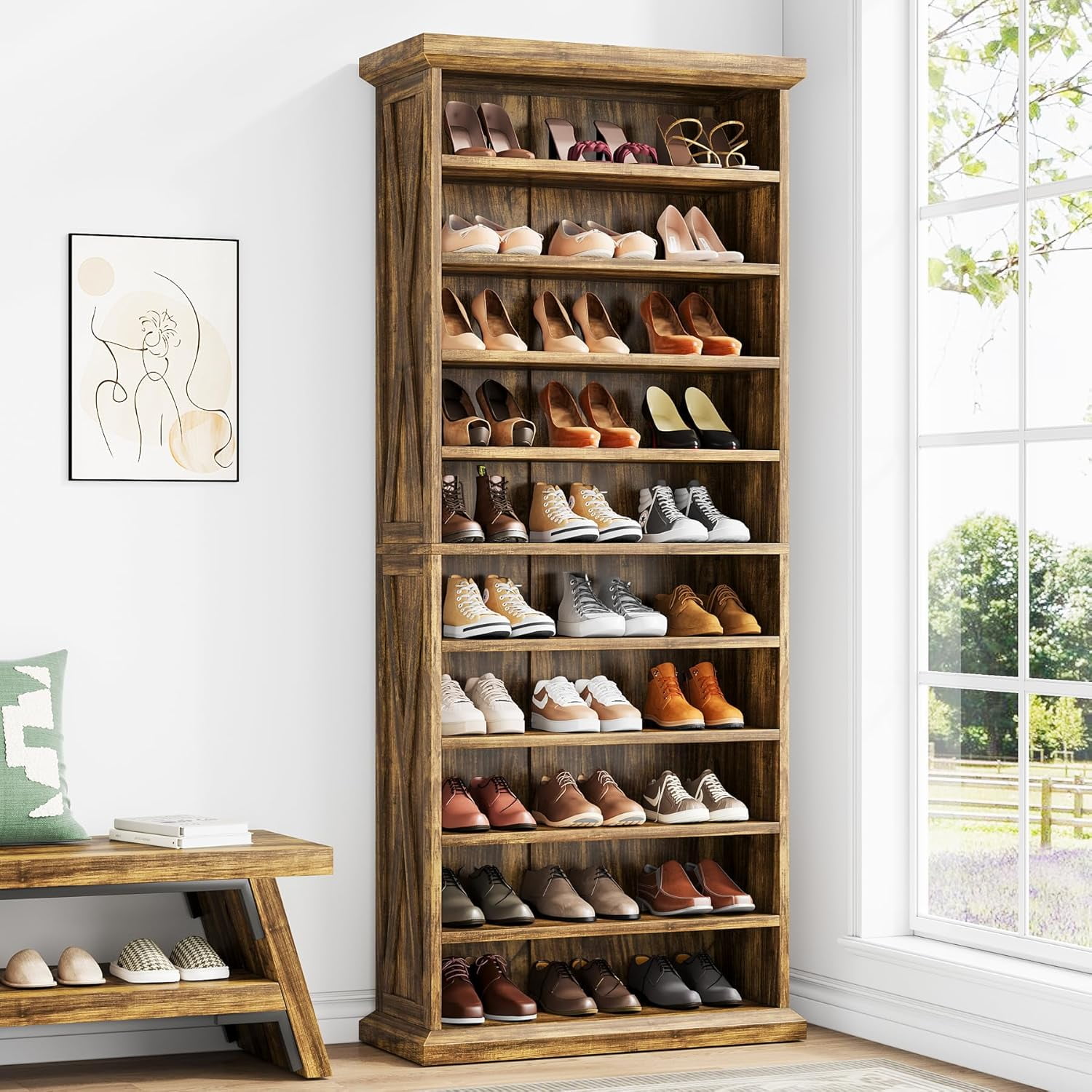 10-Tier Wooden Shoe Rack with 8 Adjustable Shelves Rustic Brown | 71 in Tall Farmhouse Shoe Cabinet Freestanding Tall Shoe Organizer for Closet Entryway Living Room Holds 30-40 Pairs
