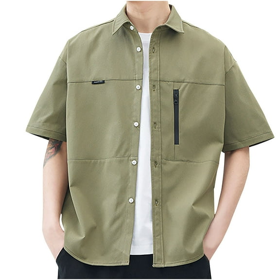 ZQUUVOU Men's Casual Short Sleeve Shirts Loose Summer Beach Jacket T-Shirt Olive Green