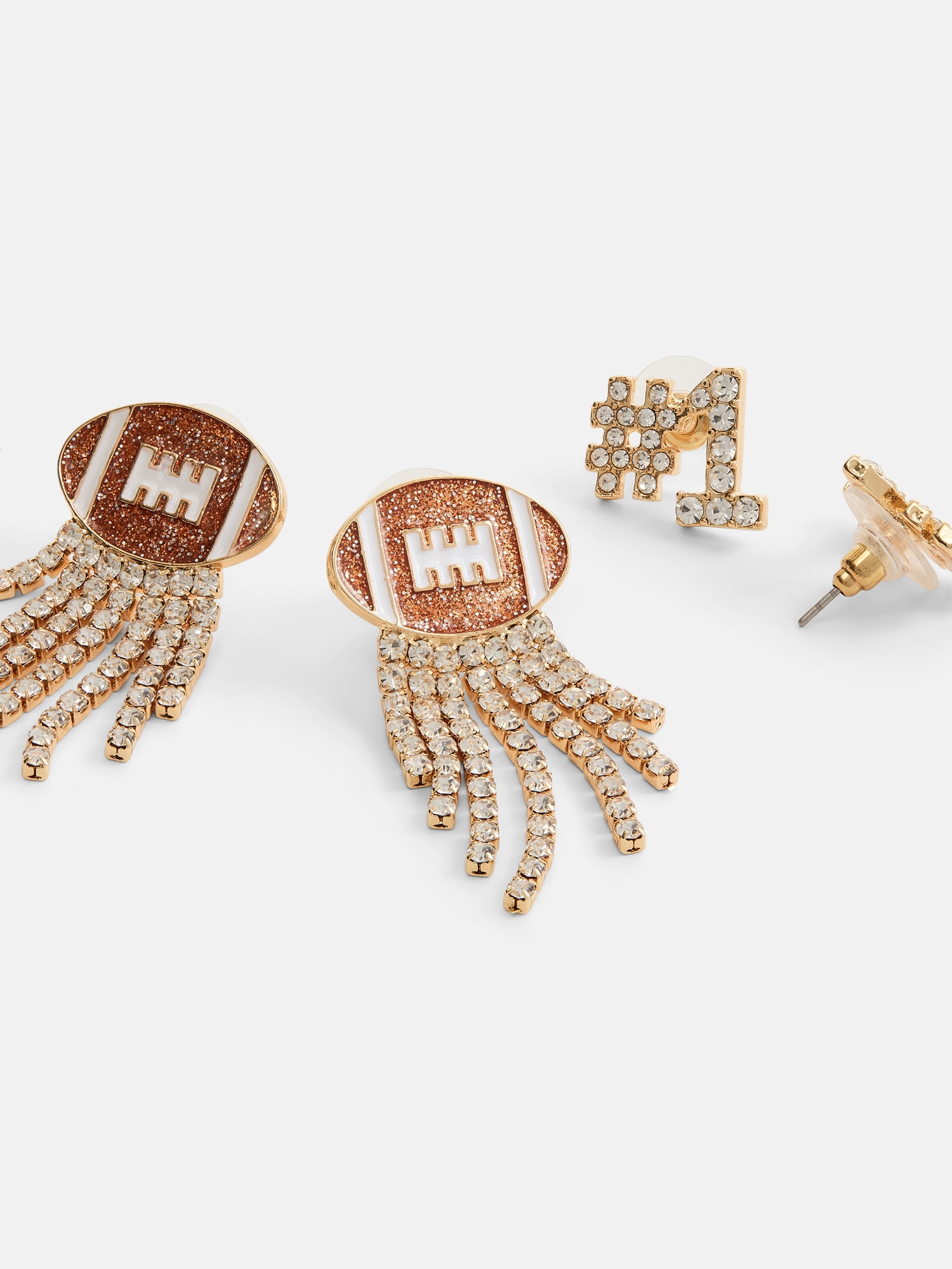No Boundaries Women's Gold Tone Game Day Football Studs and Fringe Earrings Set, 2 Pairs