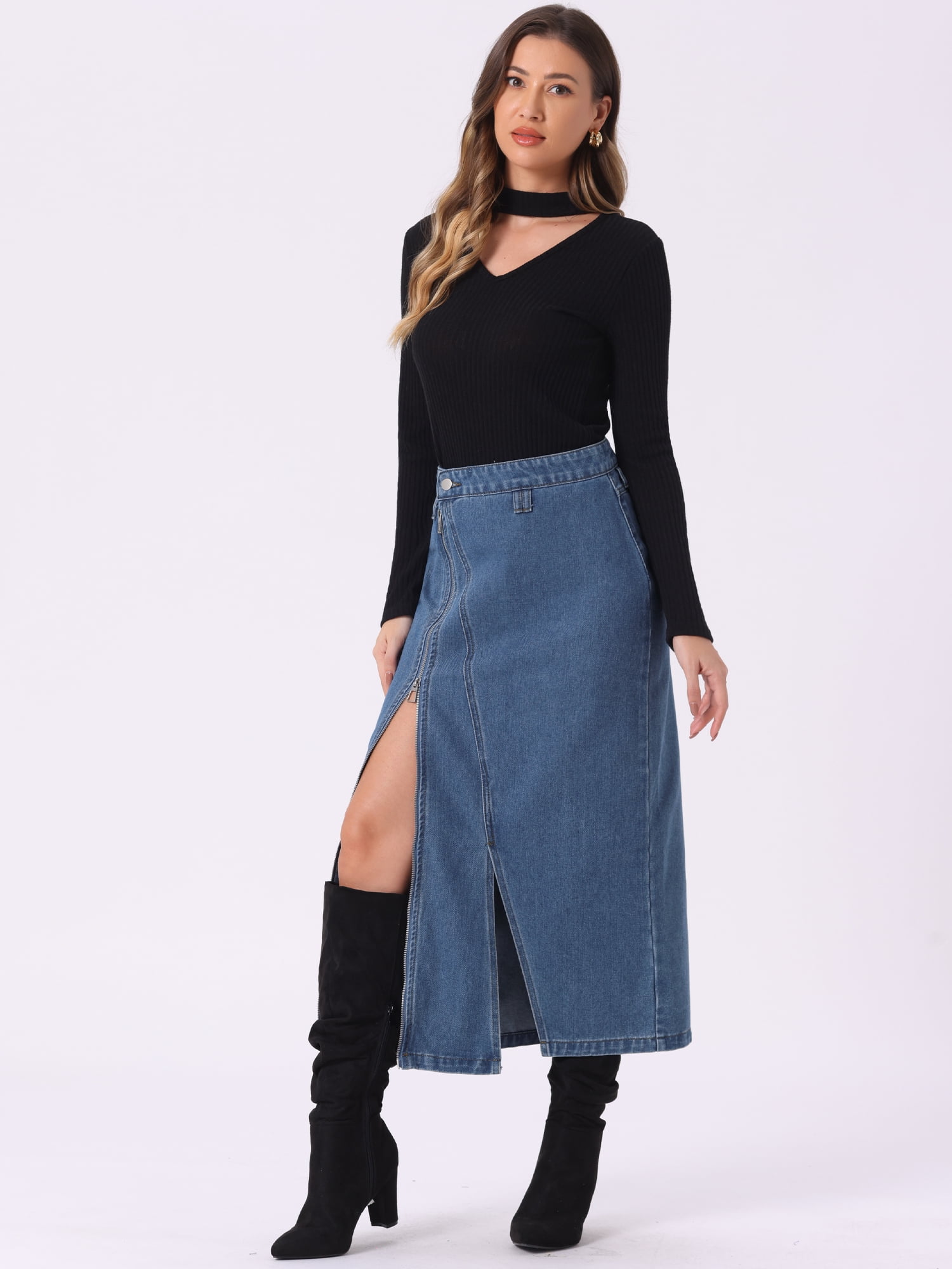 DARING DIVA Women Denim Zipper Front Split Long Jean Skirt with Pockets M Sky Blue