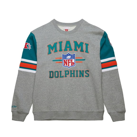 Men's Mitchell & Ness Heather Gray Miami Dolphins All Over 4.0 Vintage Logo Pullover Sweatshirt