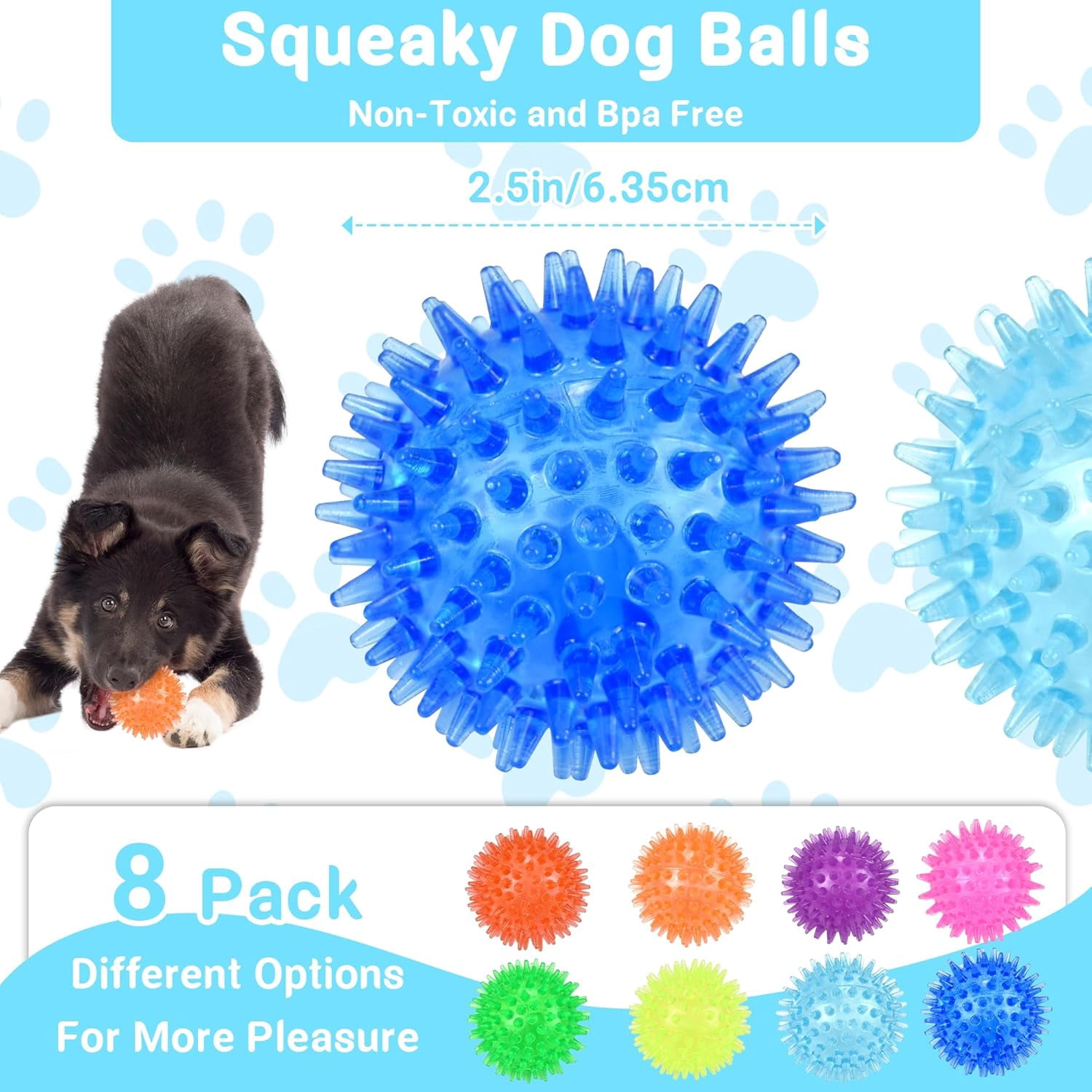 2.5" Squeaky Dog Toy Balls for Small & Medium Dogs – Durable Rubber Chew Toys for Teething Puppies, Spiky Teeth Cleaning Ball with 8 Colors