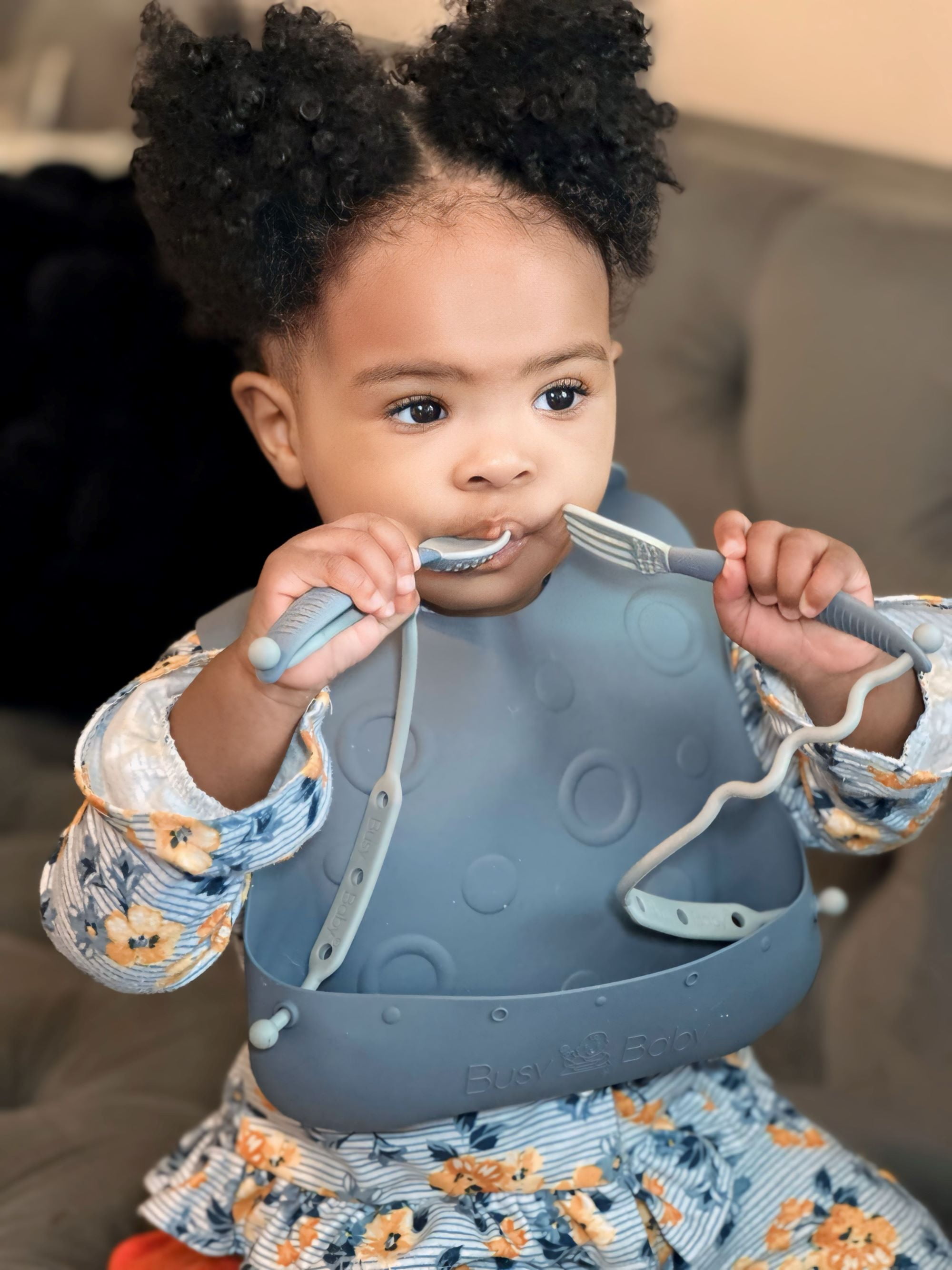 Busy Baby Silicone, BPA-Free Toddler and Baby Bib with Food Catcher, Utensils and Straps, Pewter