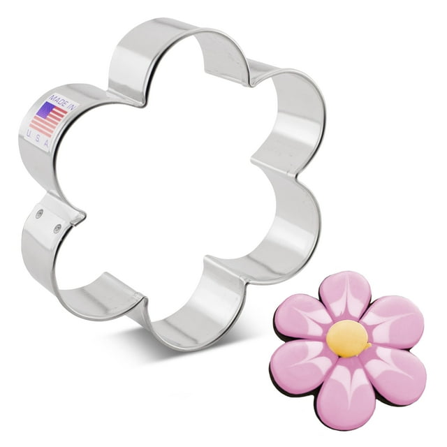 Ann Clark Cookie Cutters Scalloped Edge Flower Cookie Cutter, 3.75-inch, made of certified food-safe American steel. The cutter features a scalloped edge design, often used to create flower-shaped cookies, fondant, or craft clay. Includes a pink flower-shaped cookie example for inspiration. Made in the USA.