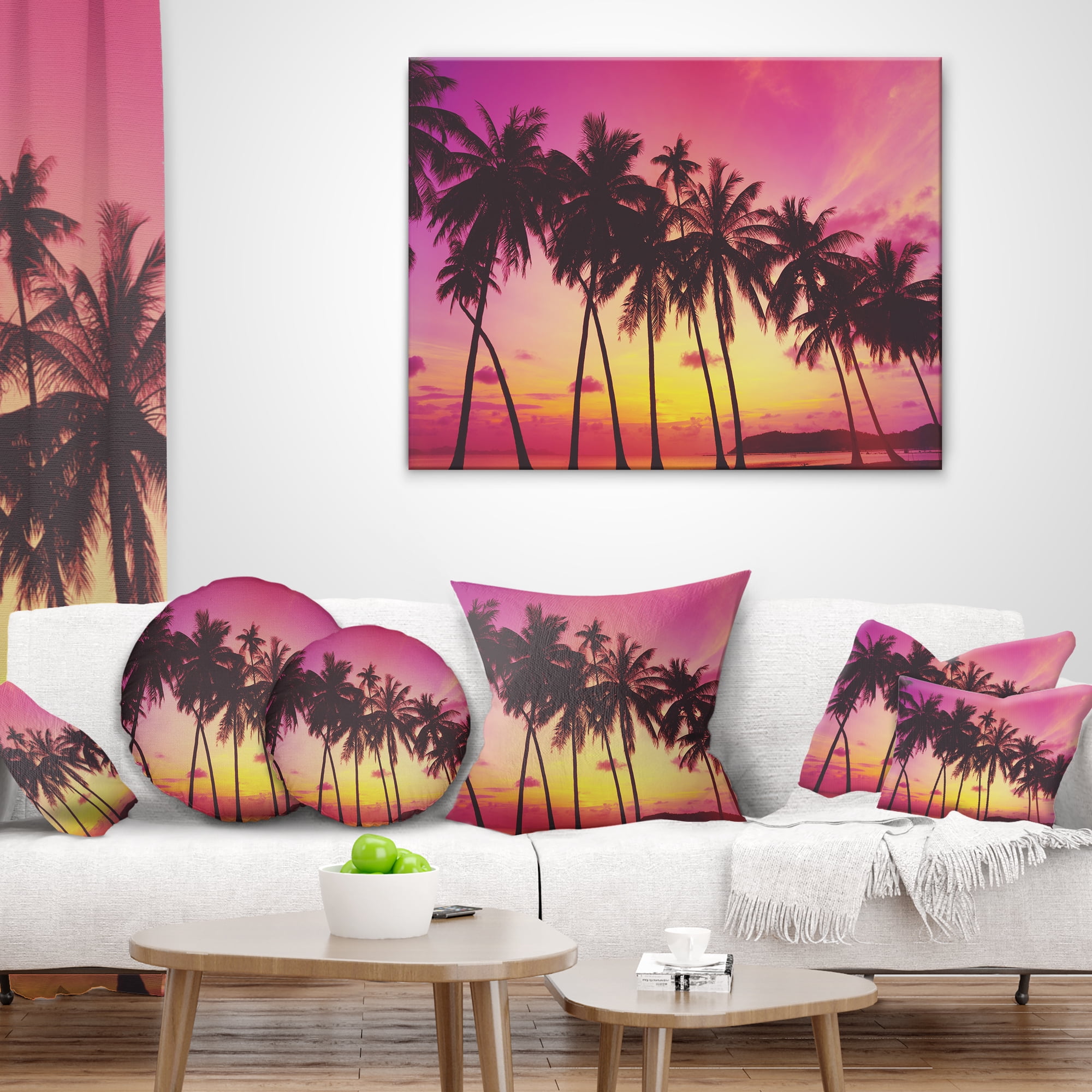 Designart Row of Beautiful Palms under Magenta Sky - Landscape Printed Throw Pillow - 18x18