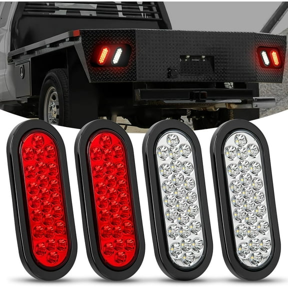 Nilight 6Inch Oval Trailer Tail Light 4PCS White Red 24LED Brake Turn Signal Reverse Lights w/Flush Mount Grommets Plugs IP67 Waterproof for 12V Truck ATV UTV Trailer Bus RV Camper
