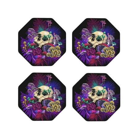 

Fuzoiu Mushrooms and Skull Print Leather Coasters Set Drink Coasters Set of 4 for Tabletop Protection Durable PVC Coasters Home Décor and Housewarming Gift-Octagon