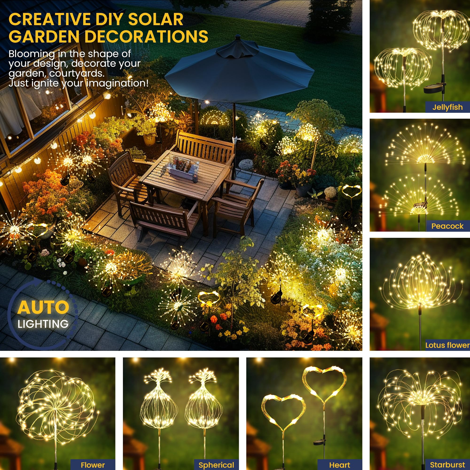 Garden Decor Outdoor Lights 120LED 8Pack, Solar Garden Lights for Christmas Outside Fairy Firework Decorative,Solar Powered for Yard Pathway Flowerbed Planter Balcony Patio Decor (Warm White)