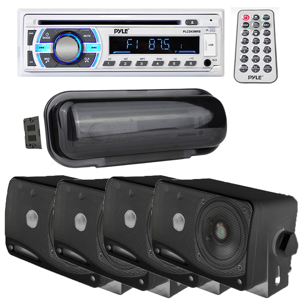 Pyle USB Bluetooth Boat Radio 3.5" Box 200W Speakers,Marine Antenna,Radio Cover 