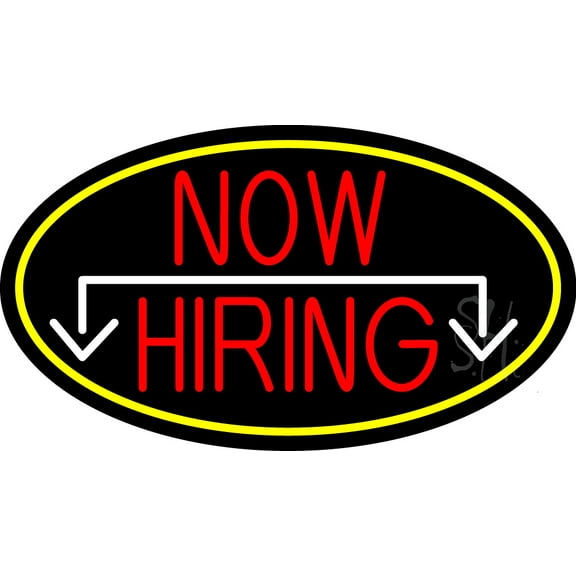 Now Hiring And Arrow Oval With Yellow Border LED Neon Sign 20 x 37 - inches, Clear Edge Cut Acrylic Backing, with Dimmer - Bright and Premium built indoor LED Neon Sign for Bar decor.