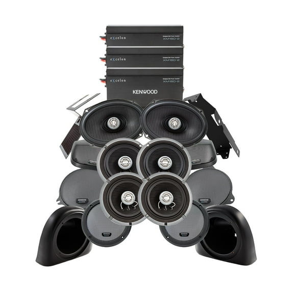 Kenwood 3 2-Channel Amplifiers with 2 Pair of 6 1/2" Speakers and 1 Pair of 6x9" Speakers with Cut-In Lid Kit and Lower Pod Plug and Play for 2014  Road Glide Air Cooled Motorcycles