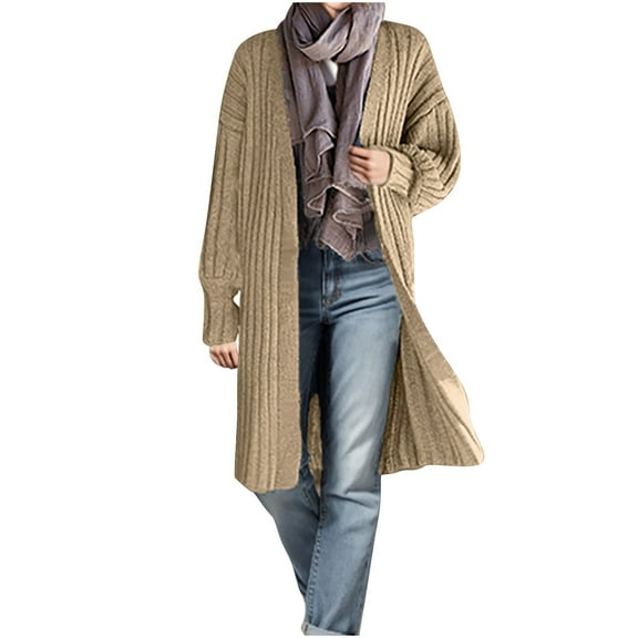 UYISJ Womens Long Cardigan Sweaters Fall Open Front Coat Long Sleeve Cable Knit Outerwear Trendy Tops Lantern Sleeve Clothes Khaki S