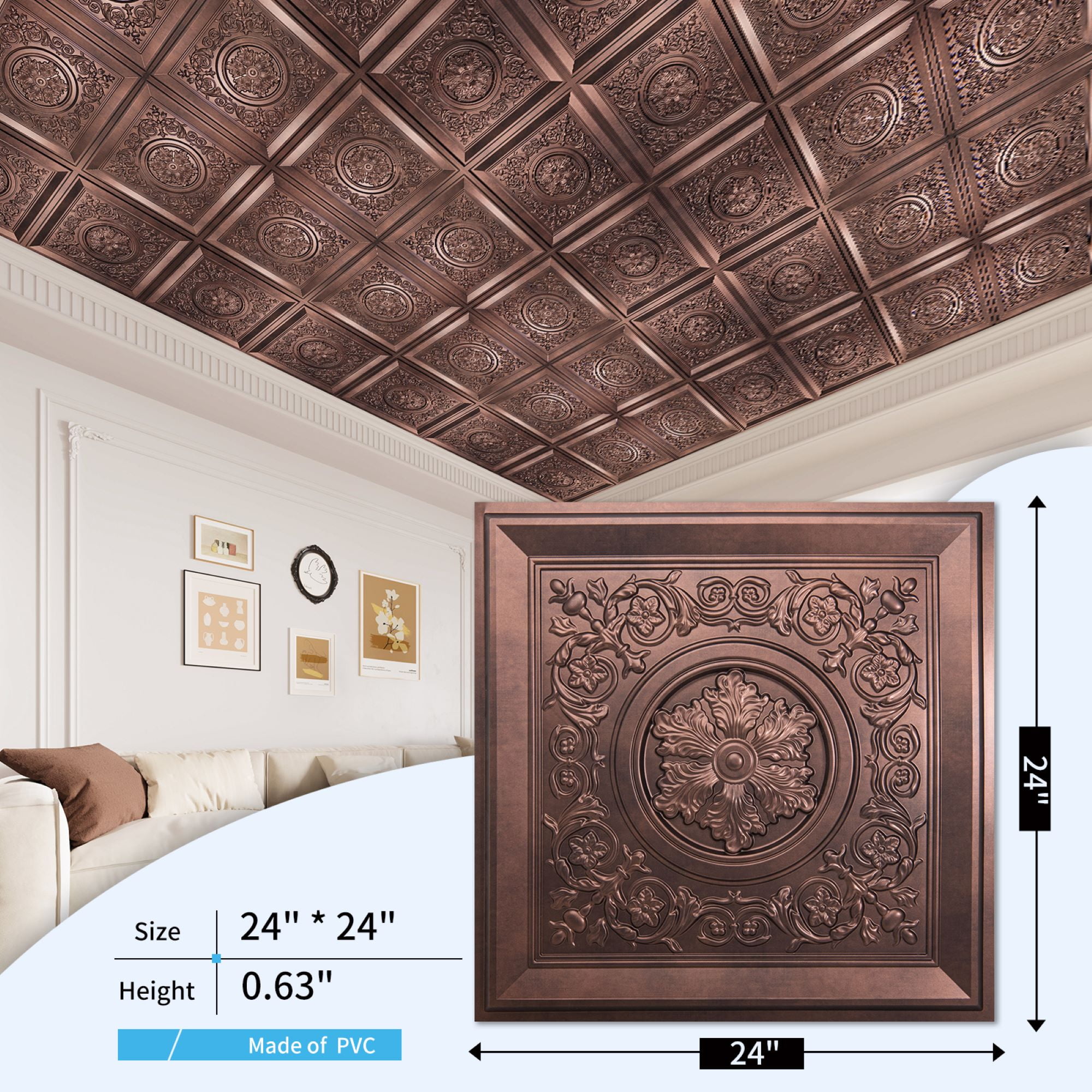 24"x24" Drop Ceiling Tiles, Waterproof Ceiling Panels, Vintage Style 3D Wall Panels,12-Pack