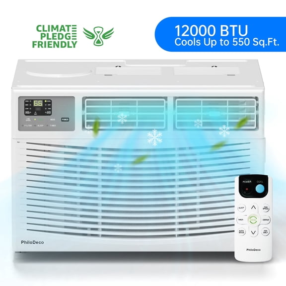 PhiloDeco 12000 BTU Window Air Conditioner 550 Sq Ft. Intelligent Ac Units, LED Display Screen, Operates Quietly, Energy-Saving. Timer • Sleep and ECO.with Remote Control, Dehumidifier