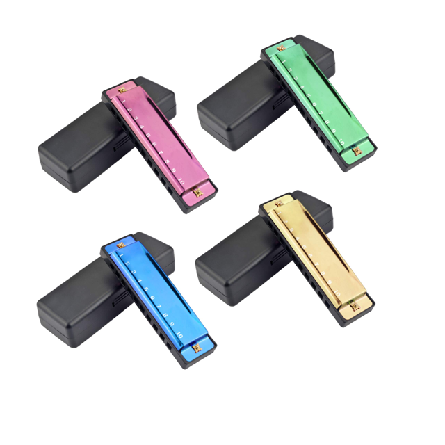 4-Piece Key of C Harmonica Set - 10-Hole 10-Tone Beginner Musical Instrument for Kids & Students, with Protective Case, Multicolor