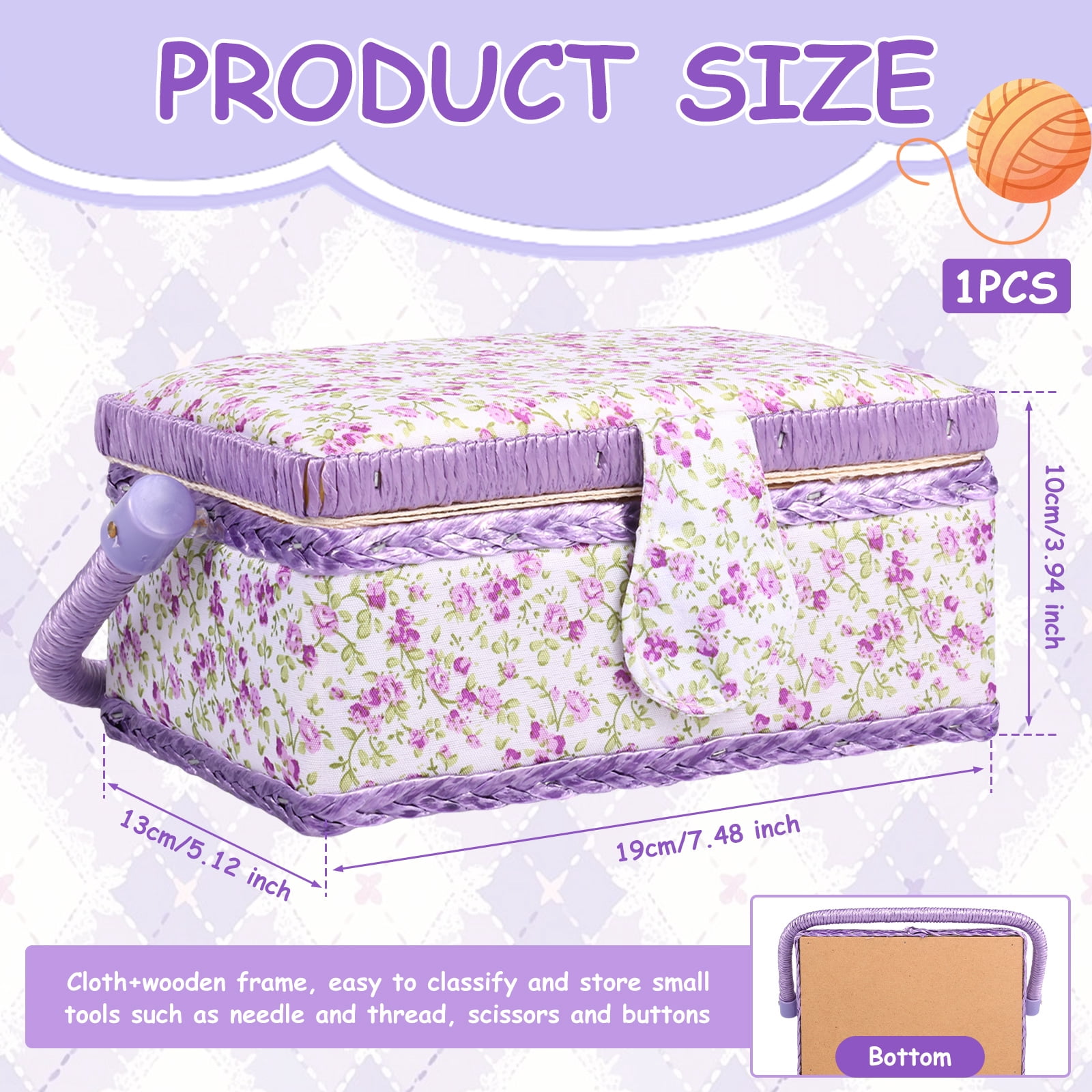 Atopoler Floral Sewing Basket,Vintage Wood Sewing Box with Tray and Handle for Traveling Beginner Professional,No Accessories,Purple Color