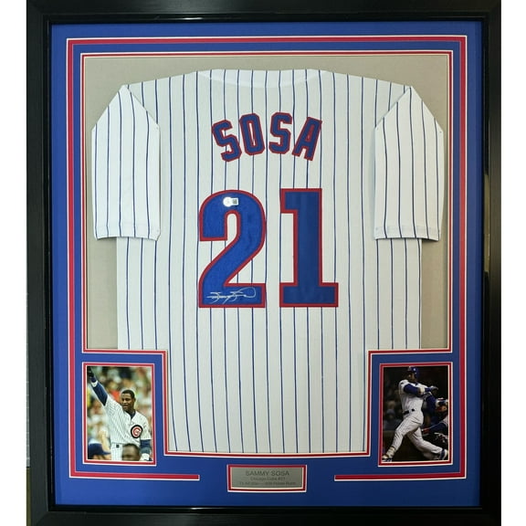 Framed Autographed/Signed Sammy Sosa 35x39 Chicago Pinstripe Baseball Jersey Beckett BAS COA