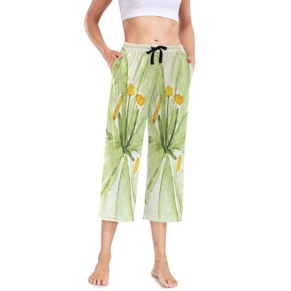 Women's Cropped Pajama Pants Wide-leg Summer Sleep Pants with Pockets Loose Fit Comfy Pj Pants ,Lightgreenlily Print S