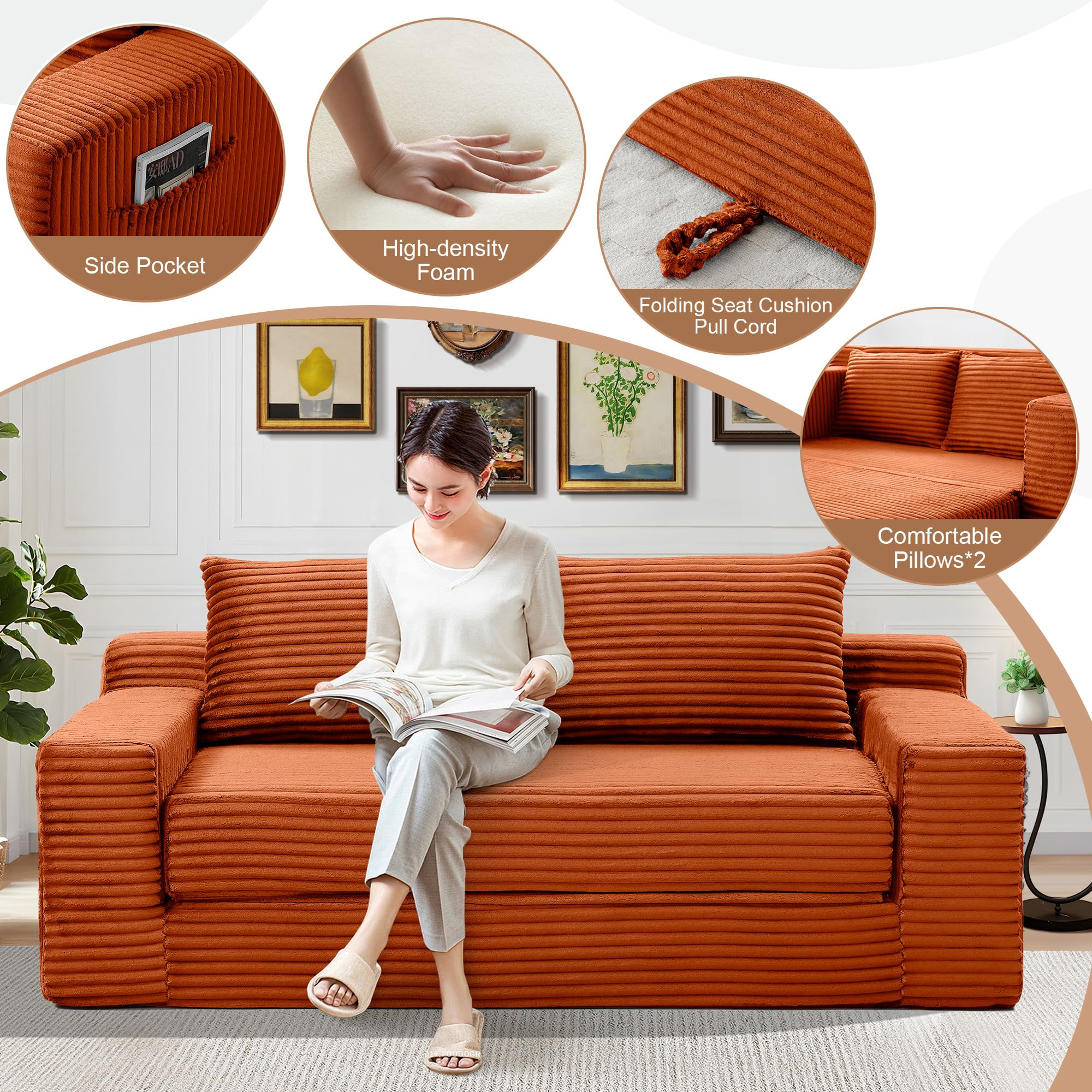 Aukfa 73" Chaise Futon Convertible Sofa Bed Boneless Couch, 2 Pillows&Side Pockets, Queen Size, Corduroy, Orange