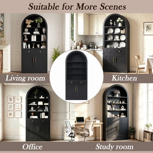 70.90"H Arched Bookshelf with Storage Cabinet, Tall Display Bookcase with Doors, Drawer & Adjustable Shelves, Freestanding Pantry Cabinet for Living Room, Home Office, Bathroom, Black