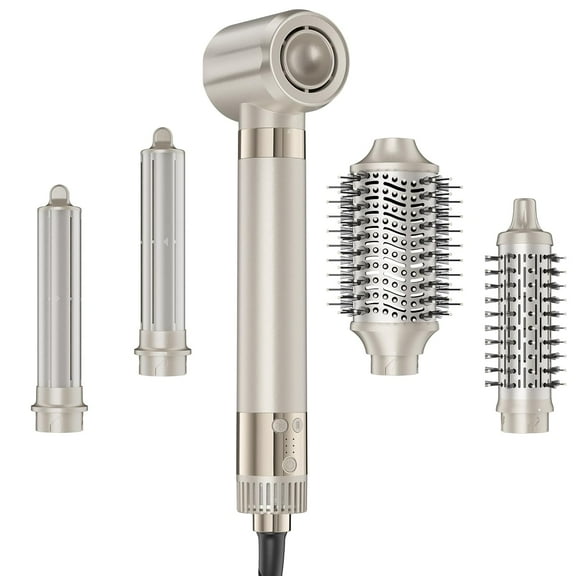 "5-in-1 Hot Air Styler in Champagne - Fast Hair Dryer Brush with Auto Wrap Curlers & Volumizing Brushes for a Frizz-Free, Salon-Quality Finish"
