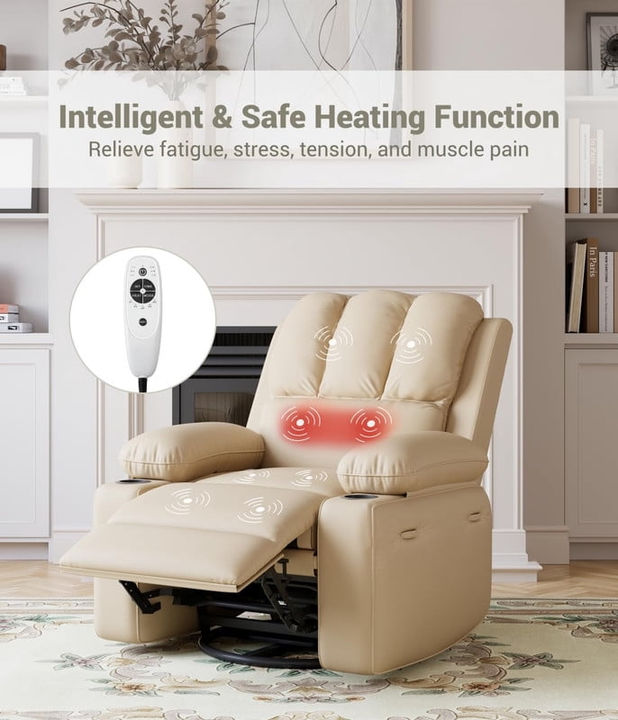 TROPOW Oversized Electric Power Recliner Chair with Heat & Massage - 360° Swivel Rocker Recliner for Living Room, PU Leather Recliner with 1.5X Sponge Filling, 22" Large Seat Lazyboy Style