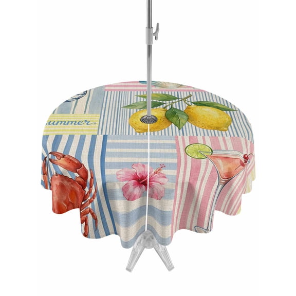 Outdoor Tablecloth with Umbrella Hole for Patio/Picnic/Party/Camping, Summer Lemons Waterproof Table Cloth Round Cover Washable, Coastal Nautical Shell Crab Vintage Art (Dia 60")