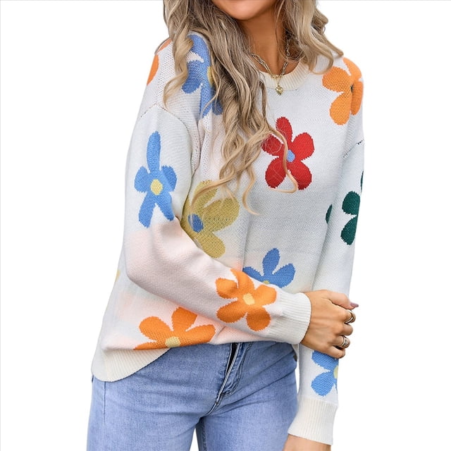 Suéteres Bonitos para Mujer, Jersey Floral de Larga, Prendas de Punto para Exteriores, Tops Y2K, Conjuntos Holgados para Invierno y Otoño 2025 XL