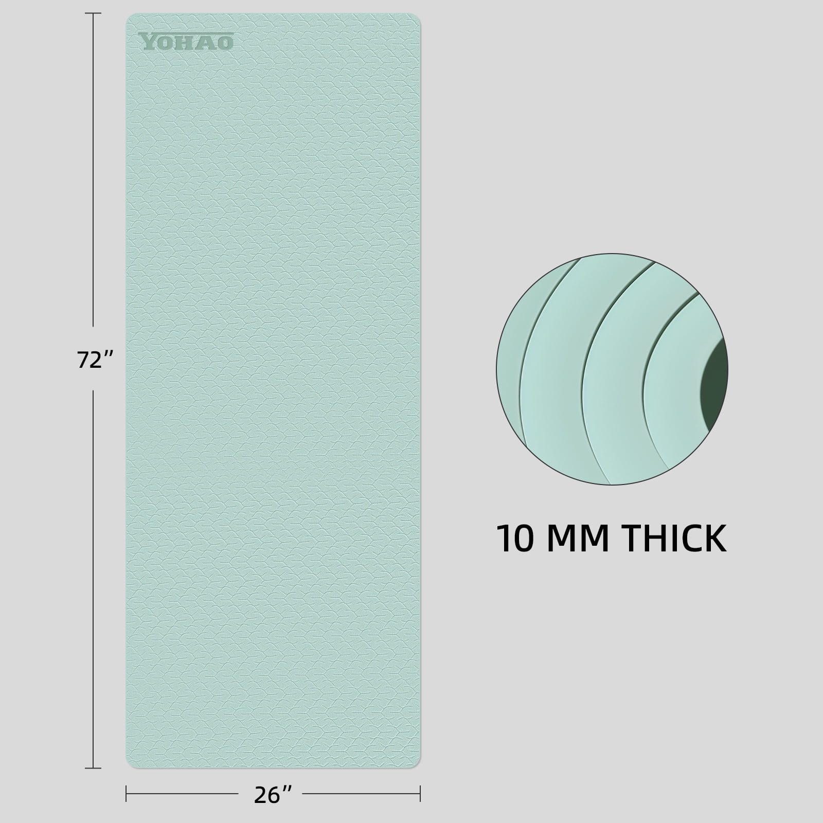 YOHAO Yoga Mat 10mm Thick,72"×26",Non-Slip Eco TPE,Strap included for Travel,Pilates and Fitness Workout(Matcha Green)