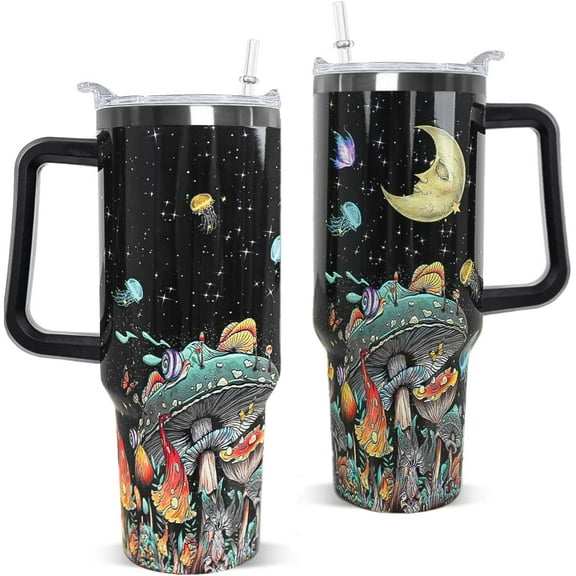 40 oz Gothic Mushroom Tumbler with Handle & Straw - Insulated Coffee Travel Mug & Water Bottle, Fun & Cute Style, Halloween Goth Gift & Decor for Women