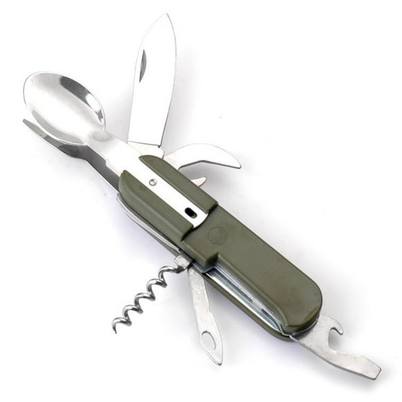 Juego de cubiertos portátil para camping | Combo de cuchillo, tenedor y cuchara plegables de acero inoxidable | Utensilios multifuncionales para viajes al aire libre | Abrebotellas y destornillador