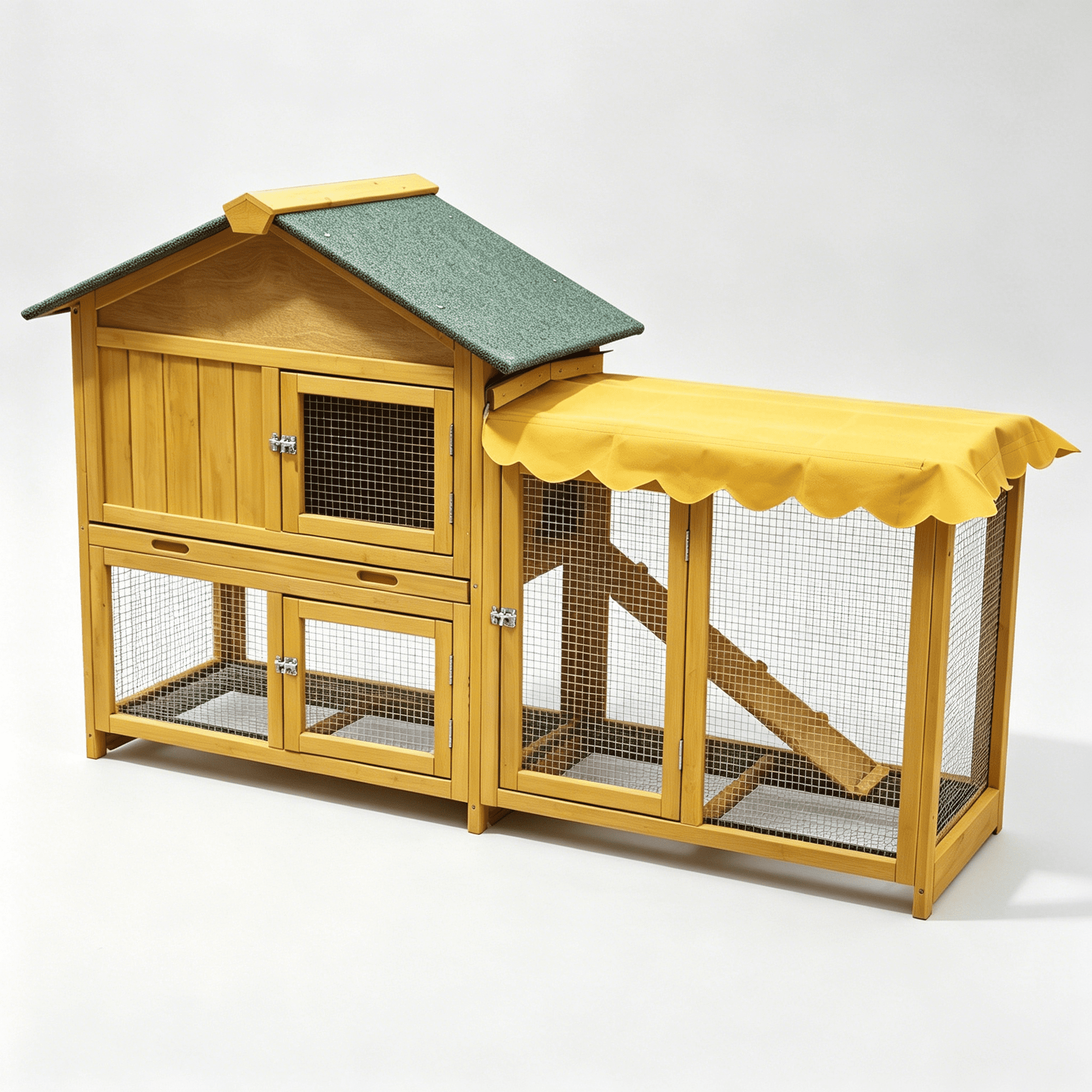 JERFIT Large Rabbit Hutch Outdoor Indoor Bunny Cage with Run, Waterproof Roof, Removable Tray & Sun Cover for Small Pets, Dark Yellow Solid Wood