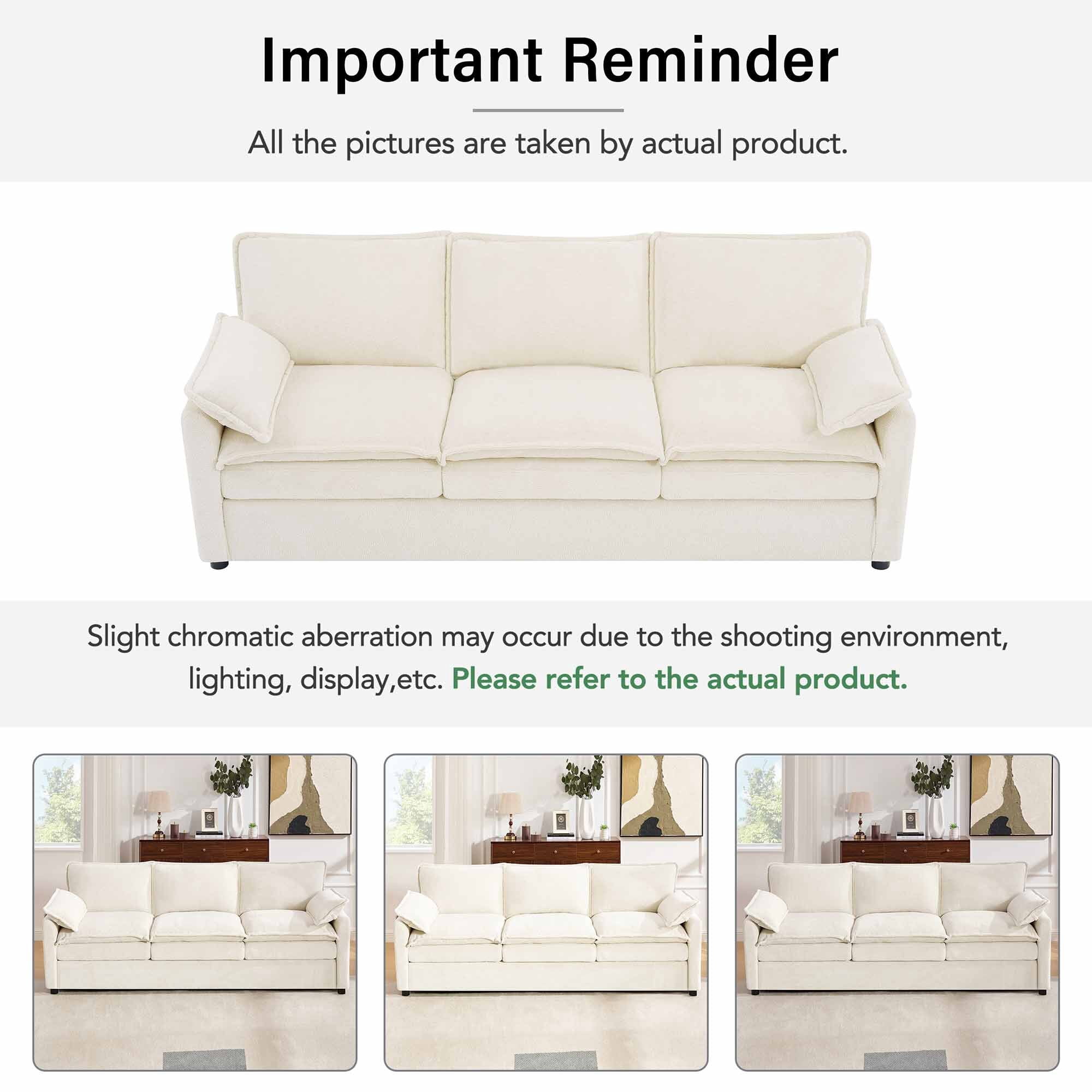 Lunale 3-Seater Sofa with Storage Pockets, Modern Cloud Couch for Living Room, Beige Chenille