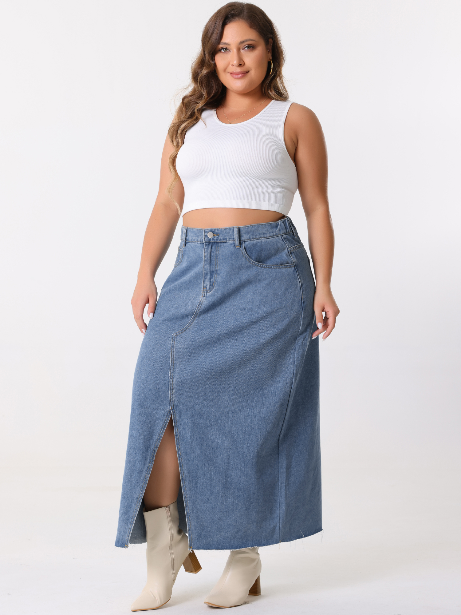 DARING DIVA Women's Plus Denim Maxi Skirt with Frayed Raw Hem 3X Blue