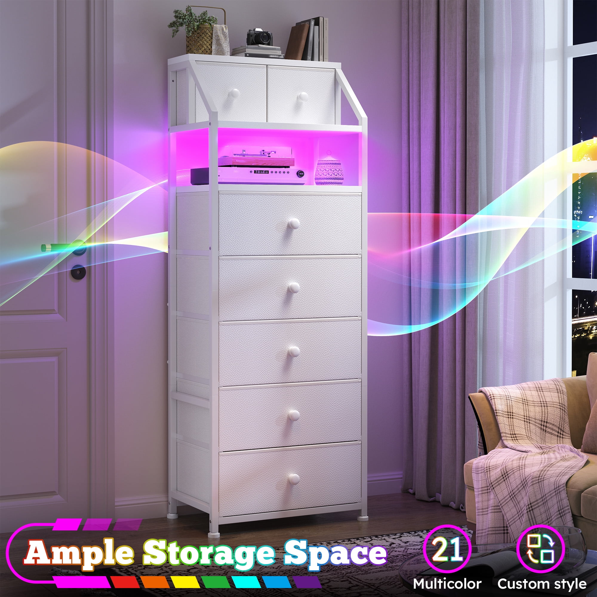 White Tall Dresser for Bedroom Dresser with LED Lights Tall Fabric Dresser with Open Wood Shelf,Tall Dresser of Metal Frame