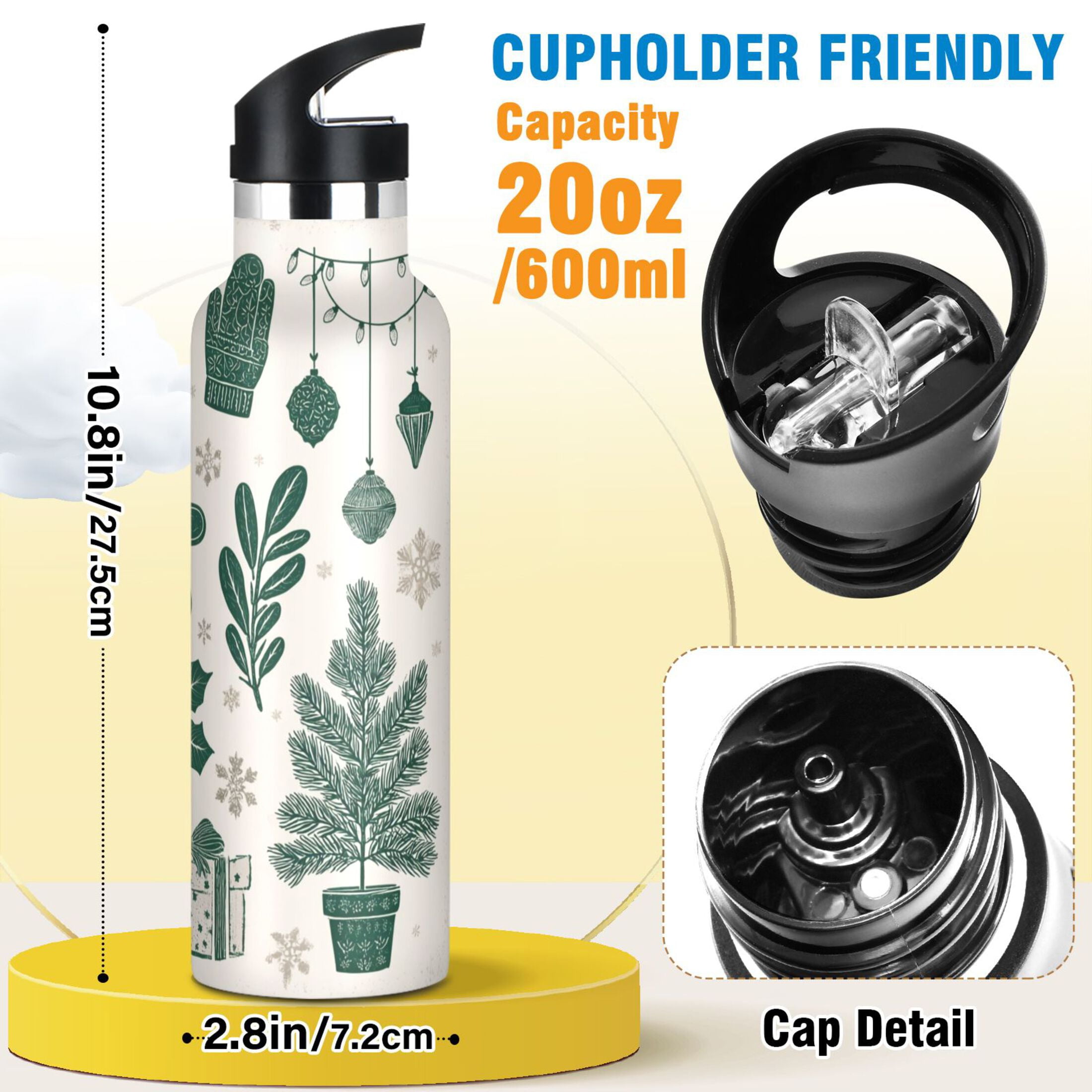 600ML Stainless Steel Insulated Cup Sports Water Bottle Portable Thermos Cup Water Glasses Insulated Tumblers Convenient and Durable Green Gingerbread Man