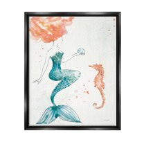 Stupell Industries Mermaid and Ocean Seahorse Graphic Art Jet Black Floating Framed Canvas Print Wall Art, Design by Anne Tavoletti