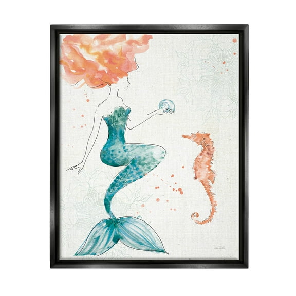 Stupell Industries Mermaid and Ocean Seahorse Graphic Art Jet Black Floating Framed Canvas Print Wall Art, Design by Anne Tavoletti