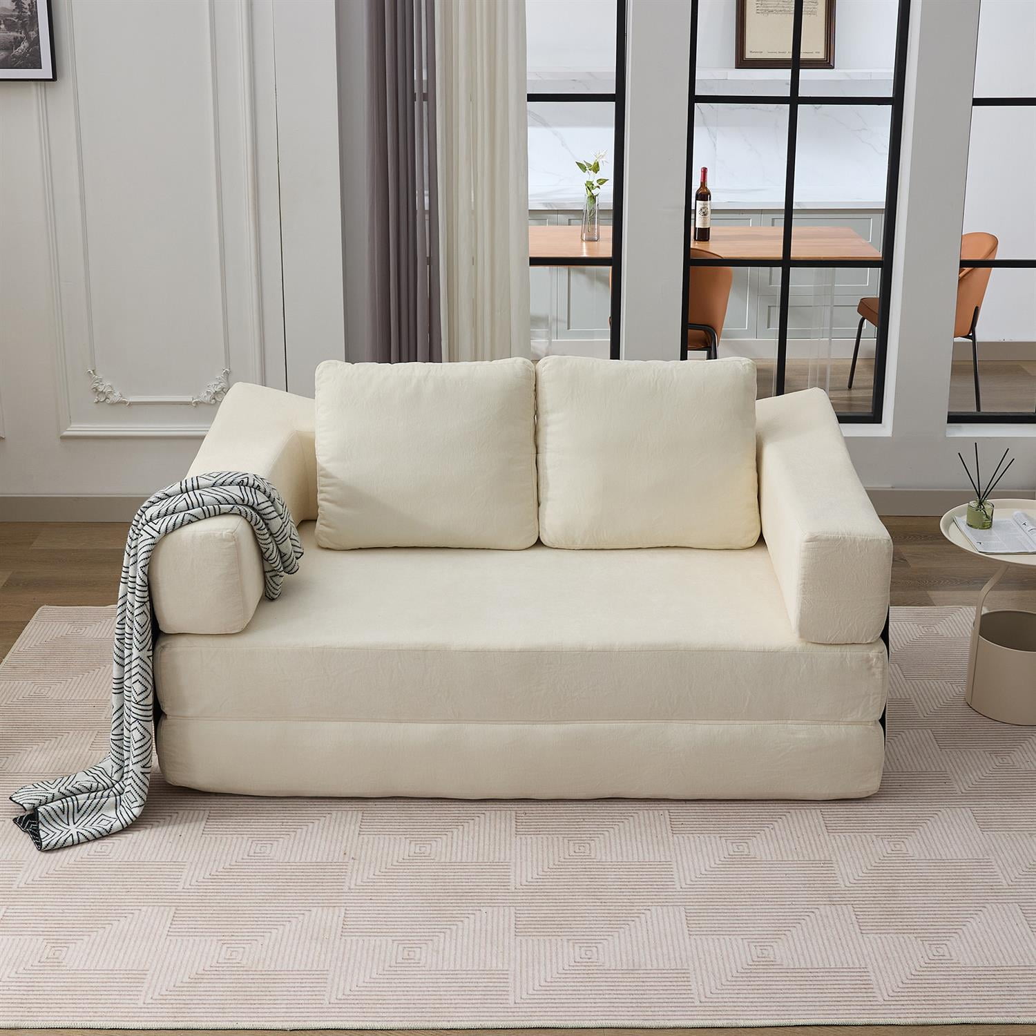 Demi Bonn 70" Modern Minimalist Convertible Sofa Bed, Fold-Out Sofa Chair, Versatile Floor Couch & Mattress for Living Room, Bedroom, Apartment, Removable Backrest, White