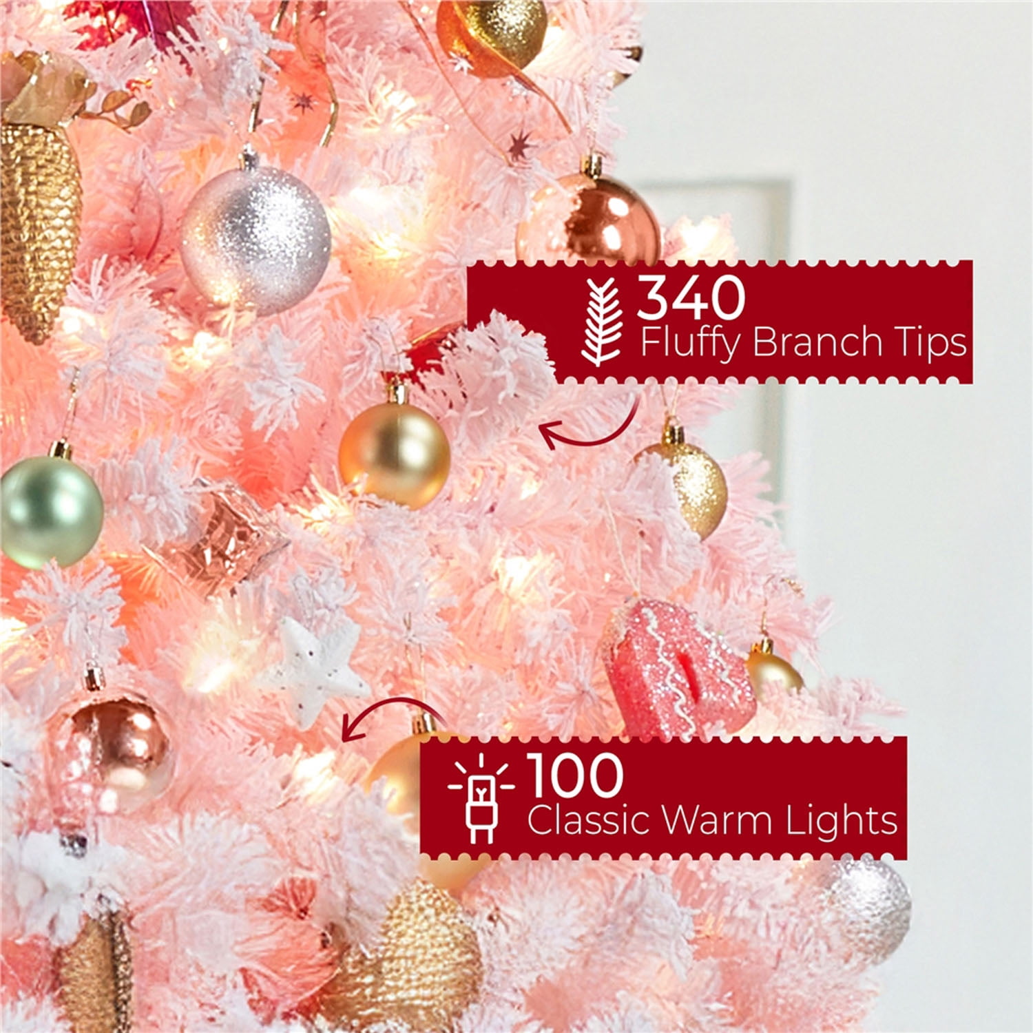 Alden Design 4.5FT Pre-lit Artificial Christmas Tree Flocked Christmas Tree with Foldable Stand and LED Warm Lights,Pink