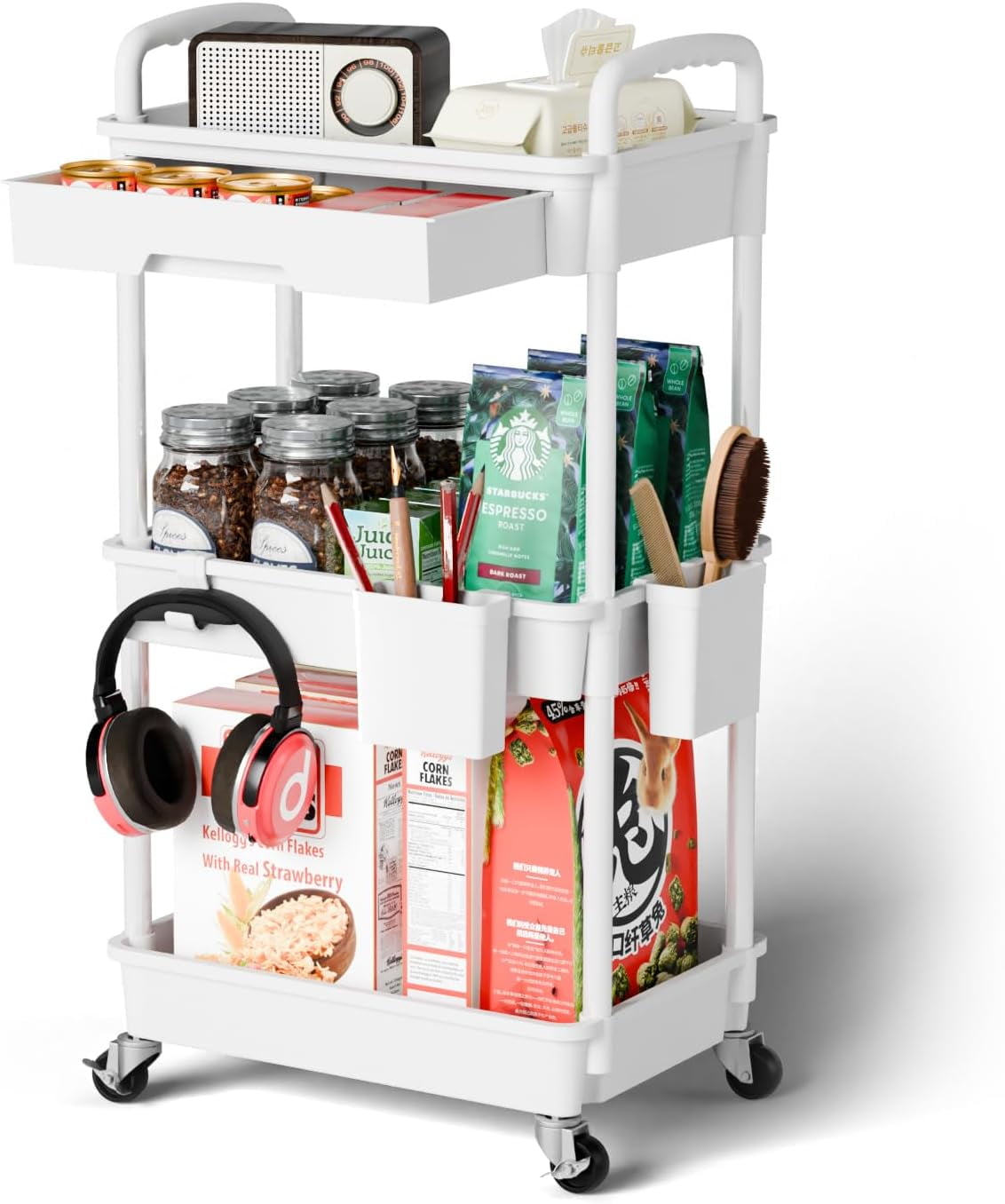 3 Tier Rolling Cart Organizer,Laundry Room Bathroom Organizers and Storage Office Shelves Mobile Shelving Unit Kitchen Trolley Cart with Wheels for Art,Craft,Diaper,Bedside,Snack(Black)
