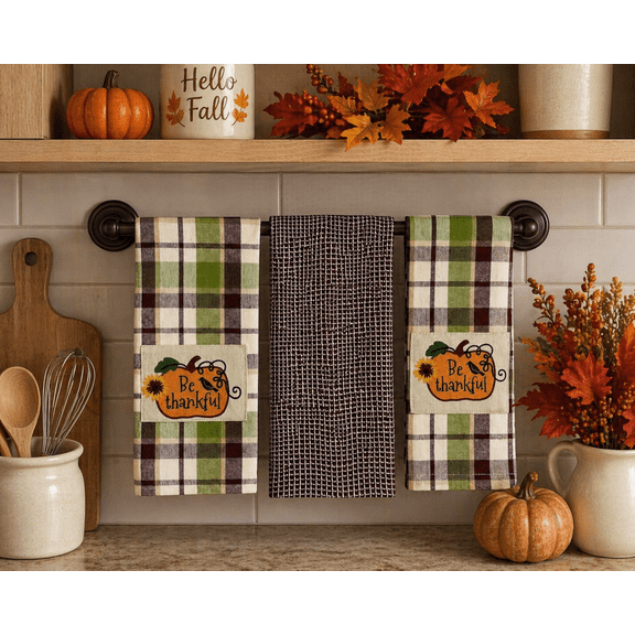 Serafina Home Farmhouse Fall Kitchen Towels: Natural Autumn Colored Falling Leaves and Acorns and Plaid with Pumpkin Applique, Cotton Flat Weave