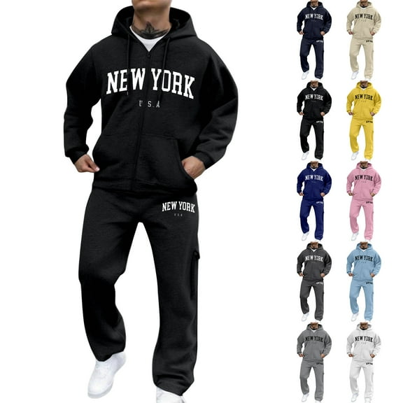 Men's Zippered Sweatshirt Jacket Suit, Casual Sports Set with Fleece Lining for Winter Outdoor Wear and Comfortable Everyday Use,Black,L