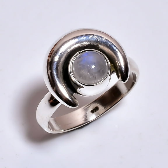 SATYAVIE JEWELLERY 925 Sterling Silver Ring, Natural Round Rainbow Moonstone Ring For Women, Half Moon Designer Ring
