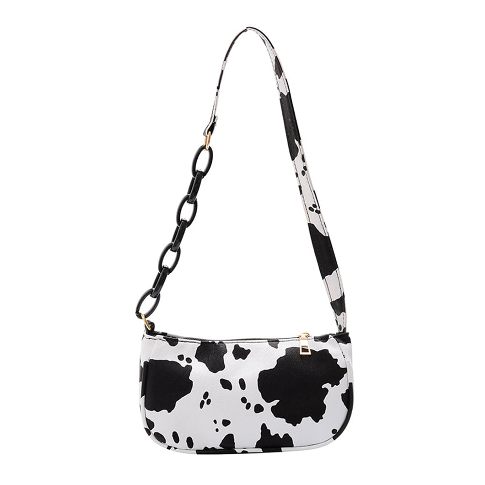 Cow Print PU Women Handbag Tote Acrylic Chain Street Underarm Shoulder Bag 