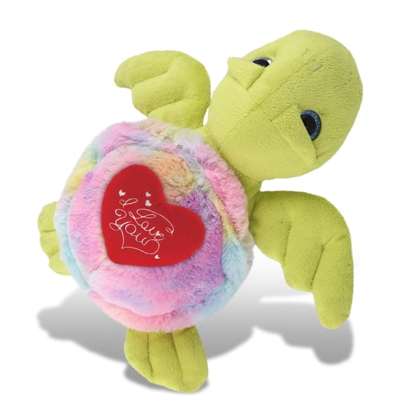 DolliBu I Love You Plush Super Soft Rainbow Green Sea Turtle - Cute Stuffed Animal Sea Turtle with Red Heart Plush for Valentines, Anniversary, Romantic Date, Boyfriend, or Girlfriend Gift - 10 Inches