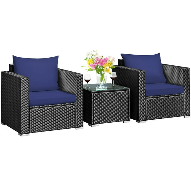 Patiojoy Ensemble de Conversation en Rotin pour Patio 3 Pcs avec 2 Sofas Coussinés et Table à Café pour l'Extérieur Bleu Marine